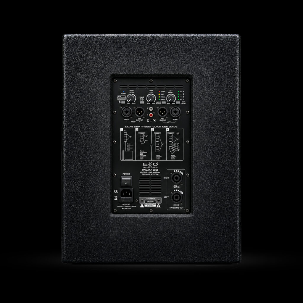 Exxo Professional MLA18B powered subwoofer rear amplifier panel with XLR inputs, mix outputs, level and phase controls and the MLA6 DSP preset guide