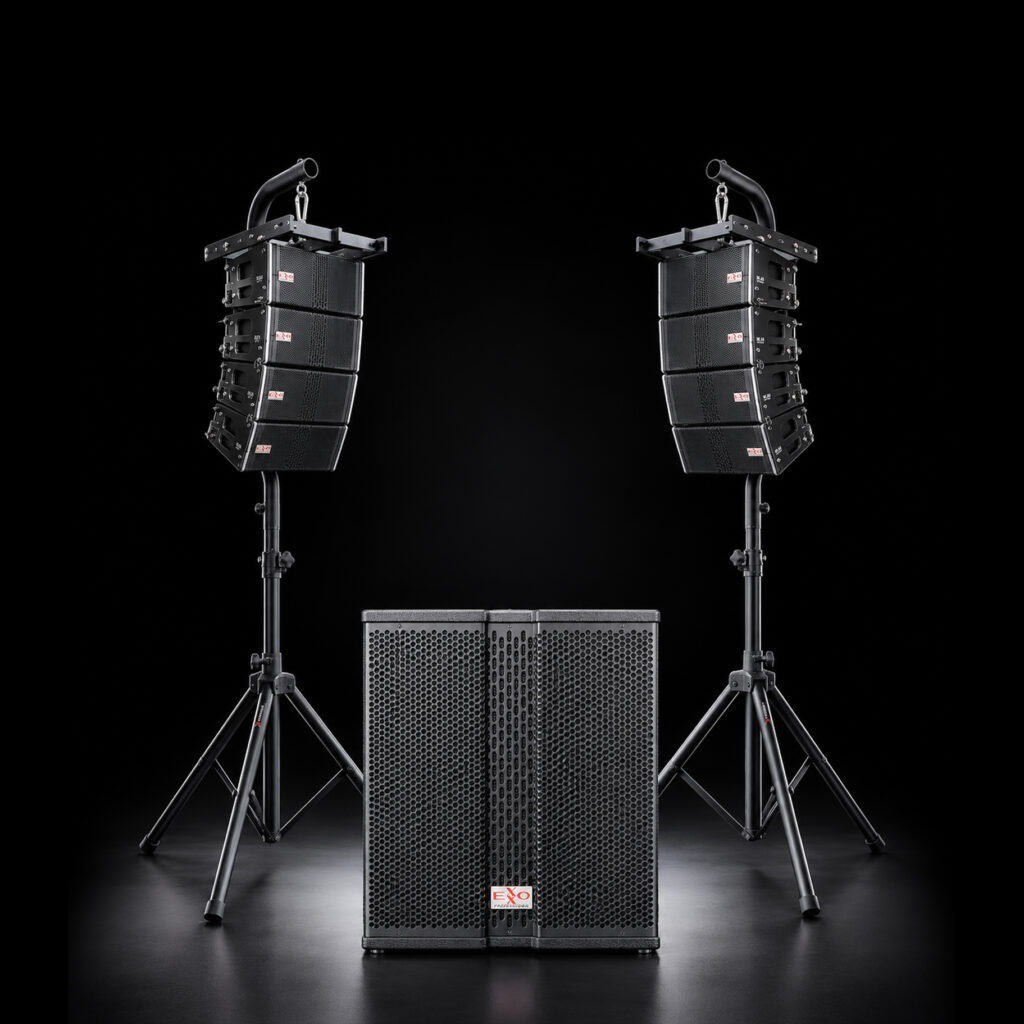 Angled view of the Exxo Professional MLA186 2.1 stereo system with two curved MLA6 arrays on stands and the MLA18B subwoofer