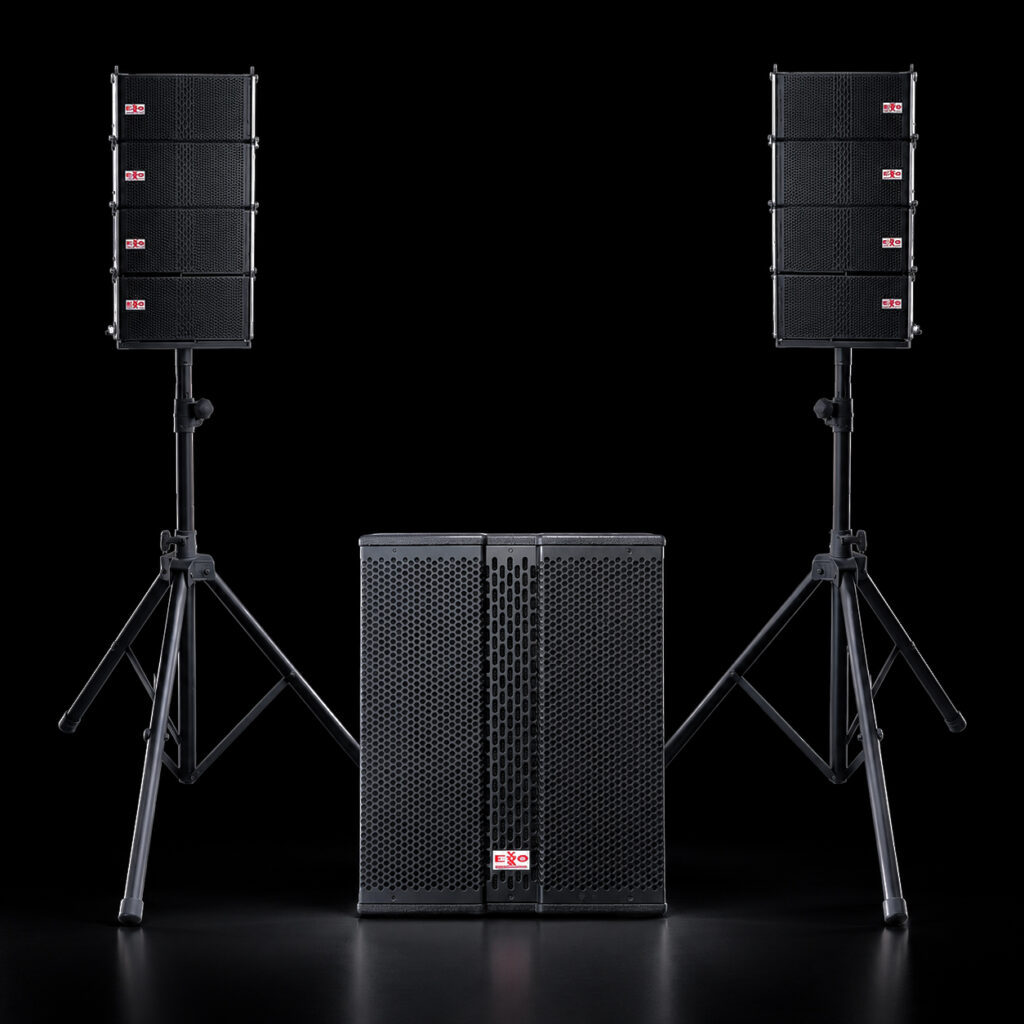 Exxo Professional MLA186 in 2.1 stereo: two four-box MLA6 arrays on tripod stands either side of the MLA18B subwoofer